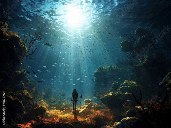 Fototapeta girl is diving, girl under water, diving, sun rays, underwater world, created with Generative AI technology