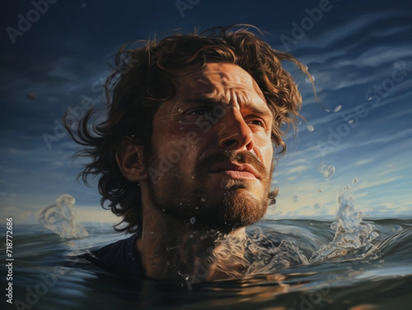 Fototapeta man looks out of water, reflection of waves, young man, focus on man, splashes, created with Generative AI technology