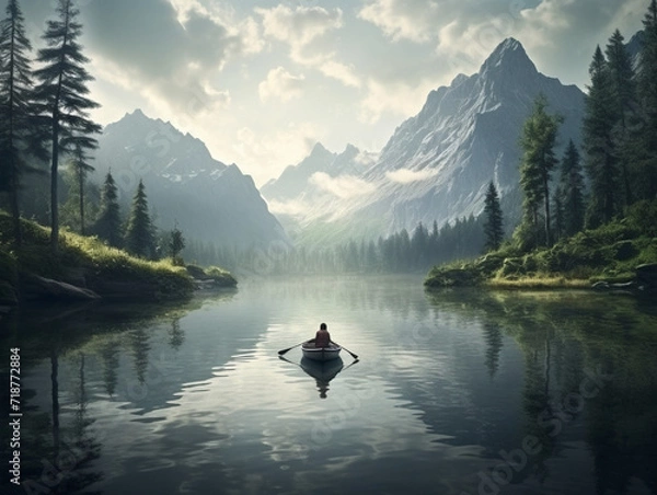 Fototapeta a man swims in a boat, a calm atmosphere, a quiet course, a boat, a lake, a river, created with Generative AI technology