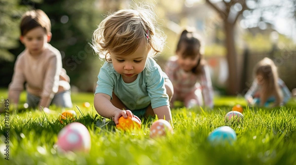 Obraz Easter Egg Hunt. Kids search for Easter eggs on bright lawn