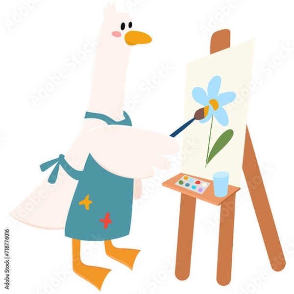 Fototapeta Cute goose painting a flower on an easel.  Art is therapy. Used for greeting card, and poster design.