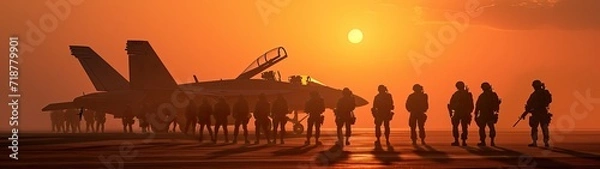 Obraz A military aircraft stationed at the airport during a picturesque sunset, symbolizing strength and readiness.