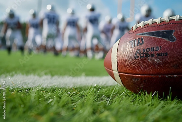 Fototapeta A close-up of a generic football in play on a grass field, with players in generic uniforms strategizing in the background
