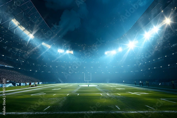 Obraz An image of a generic football stadium filled with excited fans, under bright lights, capturing the atmosphere of a major championship game