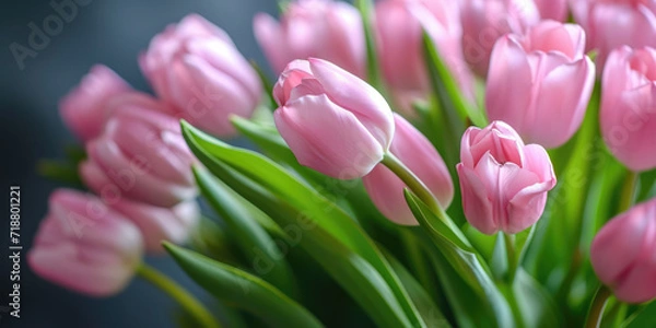 Fototapeta Beautiful bouquet of pink tulips on blurred background. Ai generation.