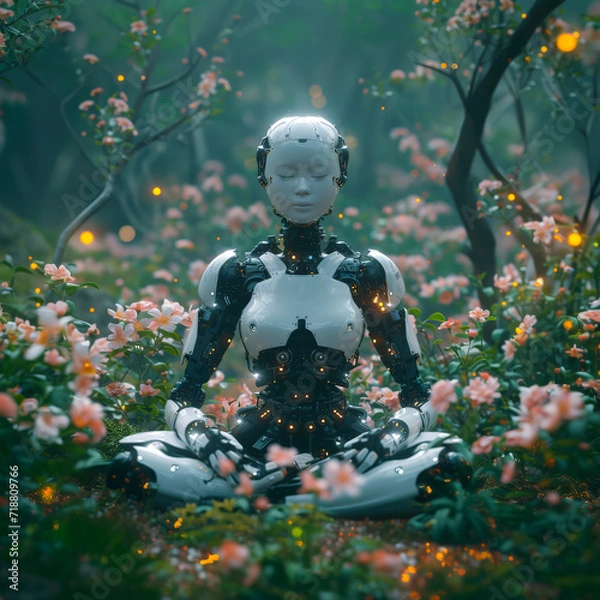 Obraz Humanoid robot, ai-generated droid is meditation in lotus pose in a forest with glowing flowers