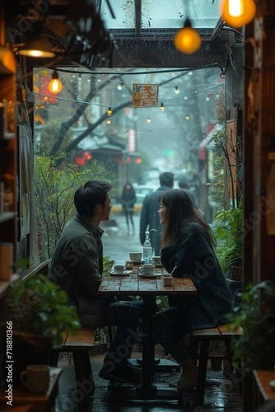 Fototapeta Korean couple in their 20s is having a conversation at a cafe