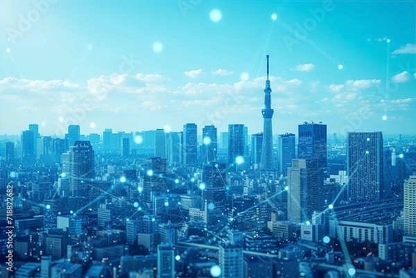 Obraz 日本の都市とネットワークのイメージ（テクノロジー・データ通信・スマートシティ・ビッグデータ）