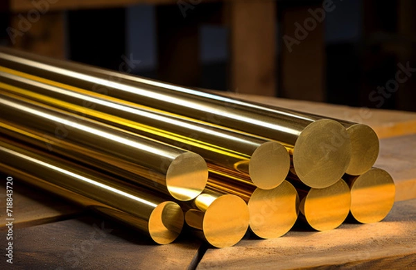 Fototapeta A collection of brass rods CuZn39Pb3, meticulously arranged in parallel on a wooden surface. The round bars gleam under the soft lighting, highlighting their smooth texture and cylindrical shape