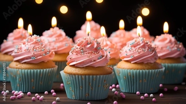 Fototapeta A selection of delicious cupcakes with pink and turquoise icing, adorned with colorful sprinkles and lit candles, set against a dark, festive backdrop.