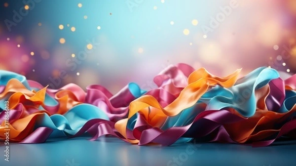 Fototapeta A dynamic display of satin ribbons in shades of blue, pink, and orange, artistically arranged on a reflective surface with a bokeh light background, conveys a vibrant yet elegant celebration.