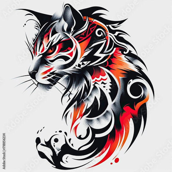 Obraz Cat polynesian style design for tattoo or t-shirt print flat vector generative ai