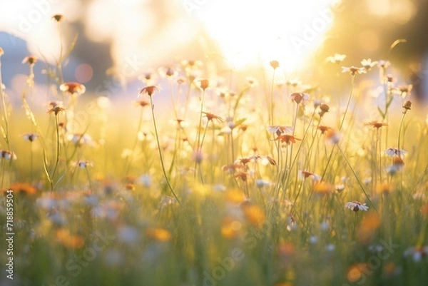 Fototapeta golden hour light casting shadows in a wildflower field