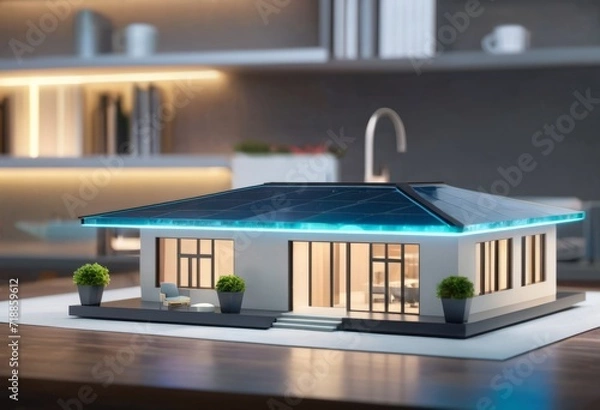 Fototapeta concept 3d render miniature model maquette of small skyscraper building on table in real estate agency. signing mortgage contract document demonstrating. futuristic business.