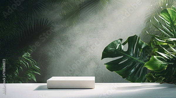 Fototapeta Minimal white podium with green leaves natural background for cosmetic products display, Empty natural platform