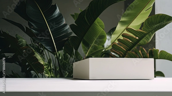 Fototapeta Minimal white podium with green leaves natural background for cosmetic products display, Empty natural platform