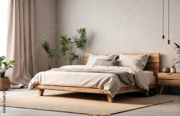 Fototapeta A simple bedroom mockup with a wooden bed