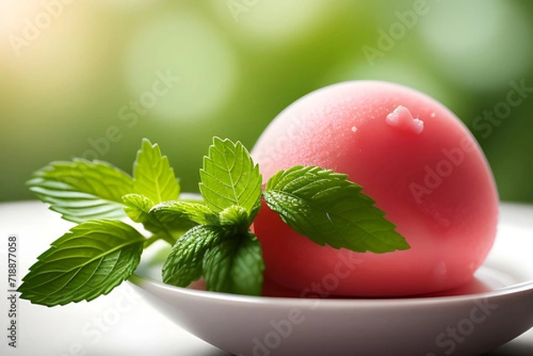 Fototapeta A bowl of refreshing fruit sorbet with a mint leaf