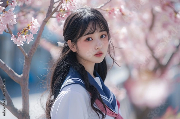 Fototapeta 春　桜の前で微笑む少女　「AI生成画像」