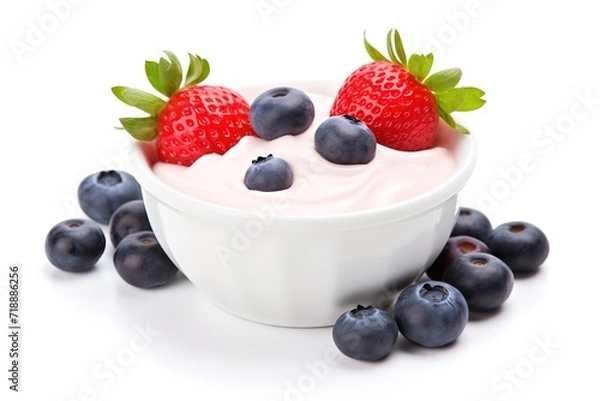 Obraz a bowl of yoghurt topped with fresh blueberries and strawberries next to it in the photo on a white background. generative AI