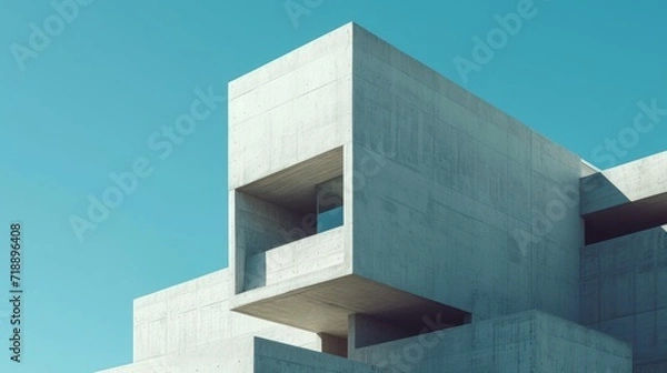 Fototapeta Clean lines of neo-brutalist architecture against a blue sky