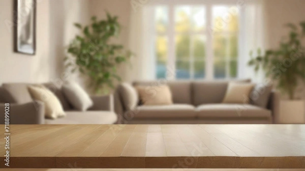 Fototapeta Empty wooden table top on blur living room background, Mockup banner for display of advertise product