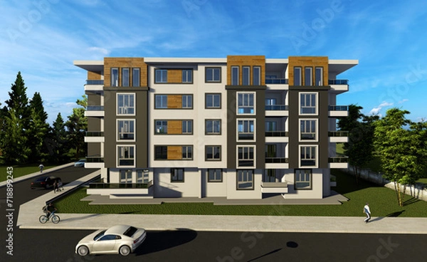 Obraz 3D render of 5 floor of apartment black, white and wood colour and textures. People, trees, cars and garden wall renders. 3D rendering.
