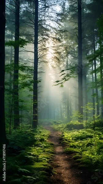 Obraz Mystical misty forest in the morning sunlight , Mystical misty forest, morning sunlight
