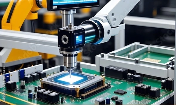 Obraz High precision robot arm inside a Semiconductor Factory. Computer Chip Manufacturing in Fab. Electronic component manufacturing industry