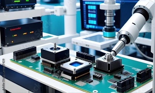 Obraz High precision robot arm inside a Semiconductor Factory. Computer Chip Manufacturing in Fab. Electronic component manufacturing industry