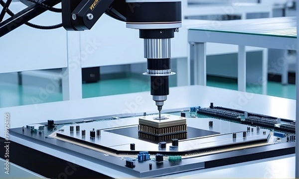 Fototapeta High precision robot arm inside a Semiconductor Factory. Computer Chip Manufacturing in Fab. Electronic component manufacturing industry