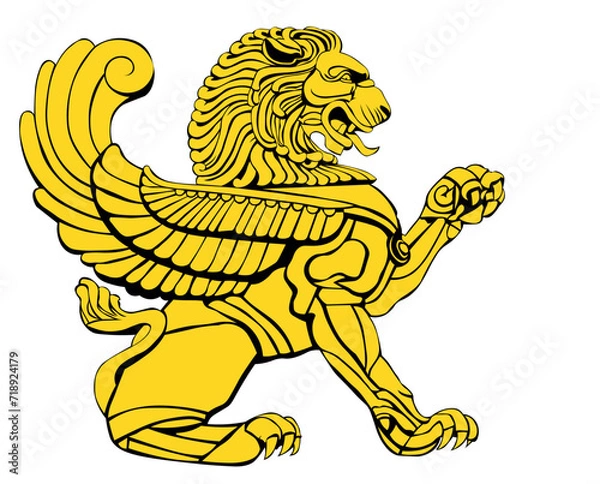 Obraz Persian lion with wings. Vector image black and gold on white background
