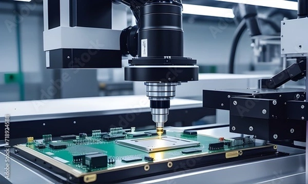 Obraz High precision robot arm inside a Semiconductor Factory. Computer Chip Manufacturing in Fab. Electronic component manufacturing industry