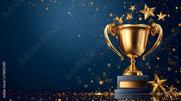 Fototapeta Golden trophy cup with stars isolated on dark blue background with copy space for text