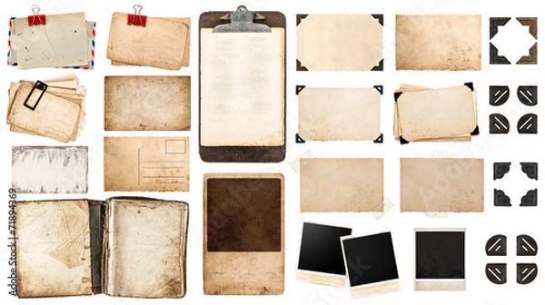 Fototapeta vintage arkusze papieru, książka, stare ramki i narożniki, antyk