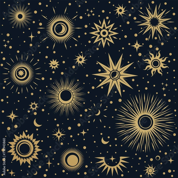 Obraz Vector magic seamless pattern with gold sun moon and stars