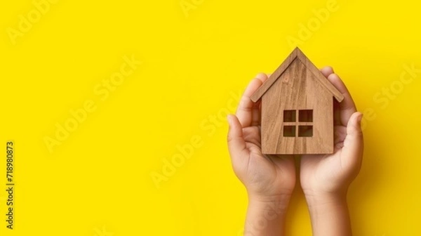 Obraz  The childs hands hold a wooden house on a yellow background. The concept of adopting orphans into families, as well as purchasing and lending housing.