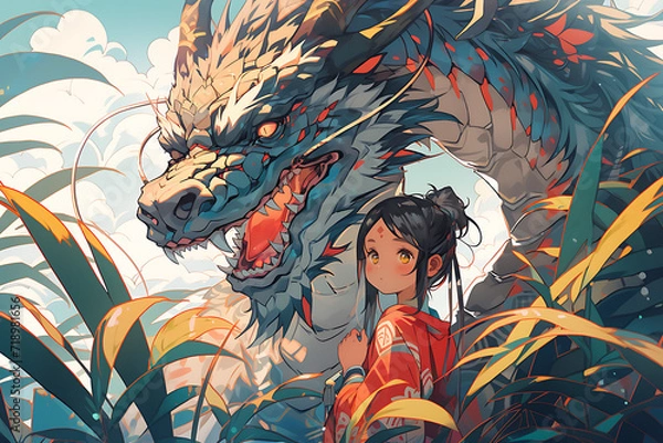 Fototapeta A majestic dragon stands beside a fearless man, embodying power, courage, and mythical adventure in an epic encounter. dragon and man
