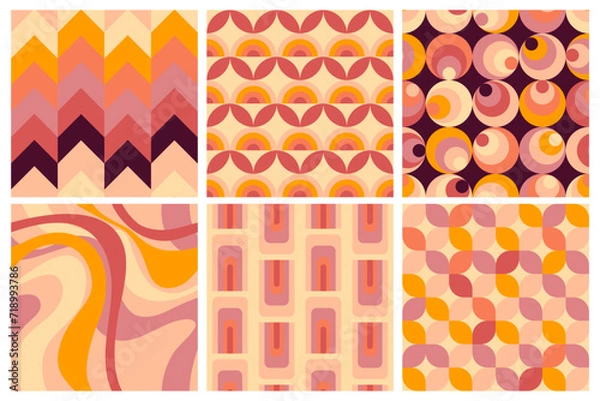 Fototapeta Set of vector geometric seamless patterns, groovy vibes of 70s, psychedelic Pattern designs, Disco Inspired, Iconic Aesthetics