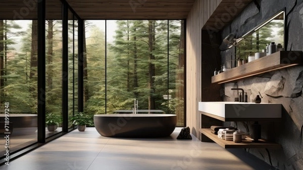 Fototapeta Modern bathroom with a large window in the woods. Luxury architecture