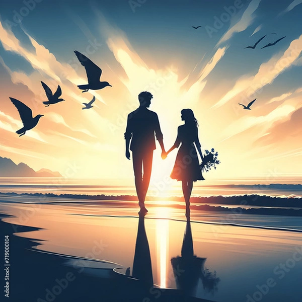 Obraz couple on the beach at sunset