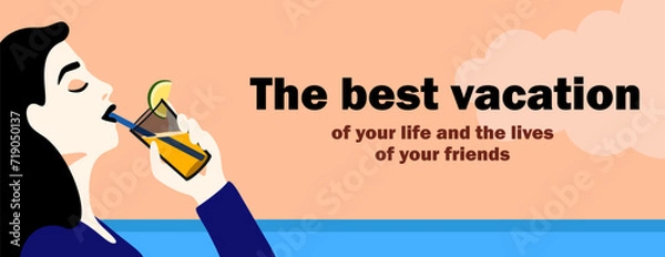 Obraz Web banner with young woman drinking cocktail juice on sea background vector vacation