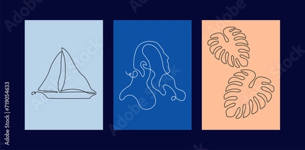 Obraz Set of summer rectangular posters in line art style blue peach with sailboat monstera woman