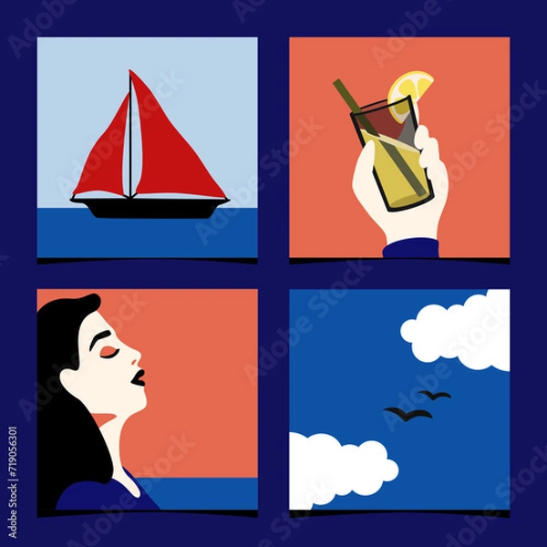 Obraz Set of summer square posters in minimalistic blue peach style with sailboat cocktails sea young woman vector