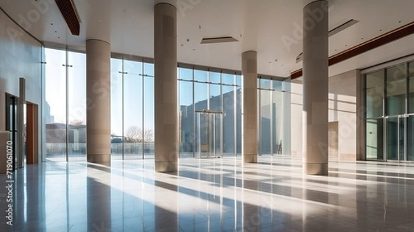 Fototapeta Spacious spacious bright hall with large glass windows, columns and reflection on the polished floor concept: business office, architecture design