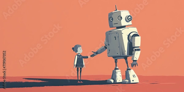 Fototapeta Child with best friend AI robot companion, friendship artificial intelligence assistant, generated ai	
