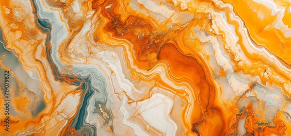 Fototapeta ORANGE WHITE MARBLE PATTERN, Floor stone texture, Onyx, Luxury, Tile, Veining. Elegant dark and light orange, blue and white veining in the stone. Unique color shades.