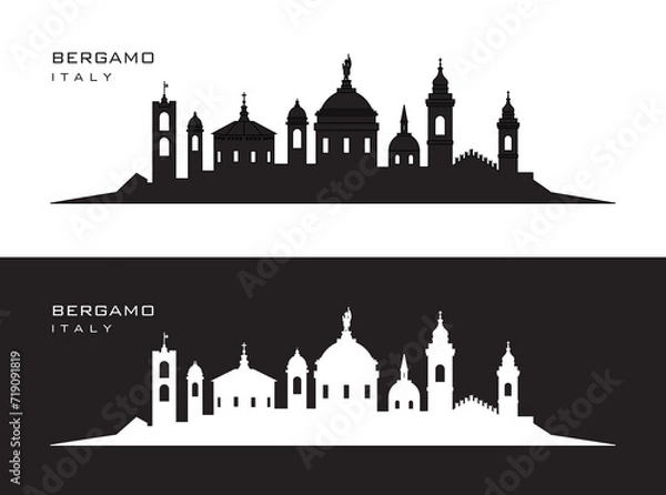 Fototapeta Bergamo Italy skyline on black or white background in vector file. Writing of the name of the city.