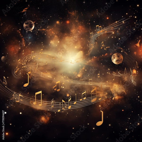 Fototapeta Illustration of golden color abstraction of musical notes and musical key on a black background with a beautiful round golden bokeh. AI generated