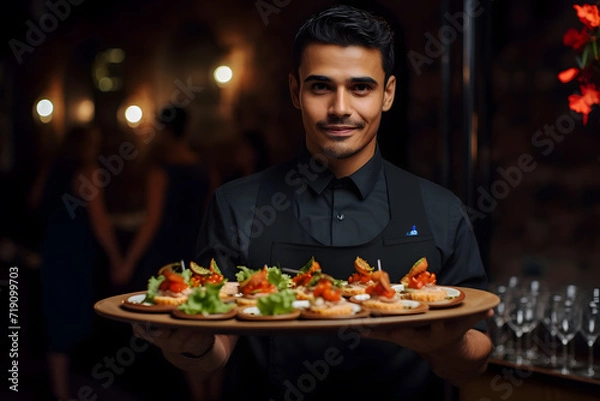 Fototapeta Latin waiter with a tray with appetizers